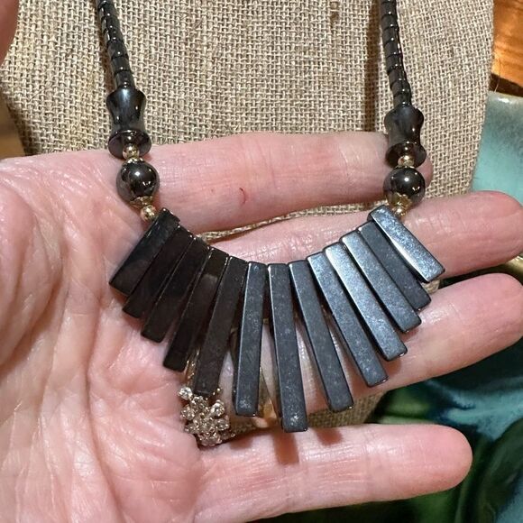 Genuine Hematite Necklace Graduated Focal 16” - Picture 2 of 4